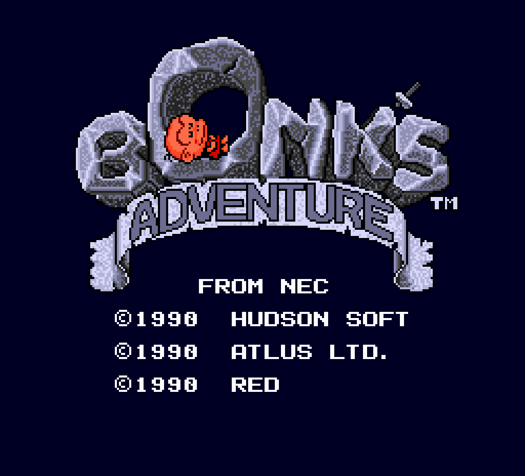 The 1990 title screen: NEC's caveman mascot arrives.