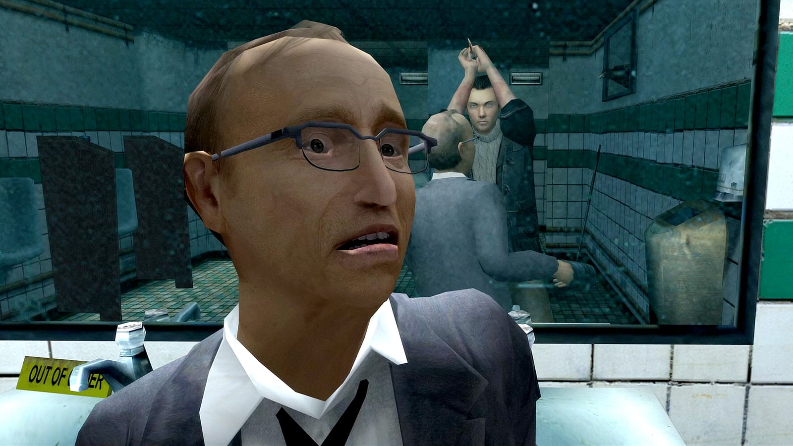 Lucas Kane in the diner bathroom, seconds after the murder. The mirror knows what you did.