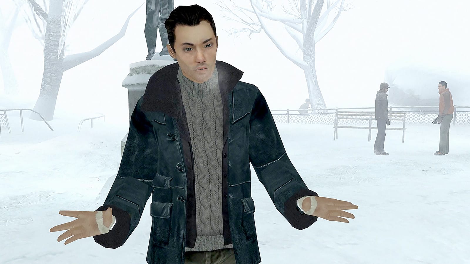 The snowy park meeting, almost exactly where my 2007 playthrough ended and my 2026 one picked up the trail.