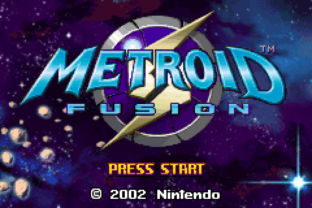 The 2002 title screen of Nintendo's darkest 2D Metroid.