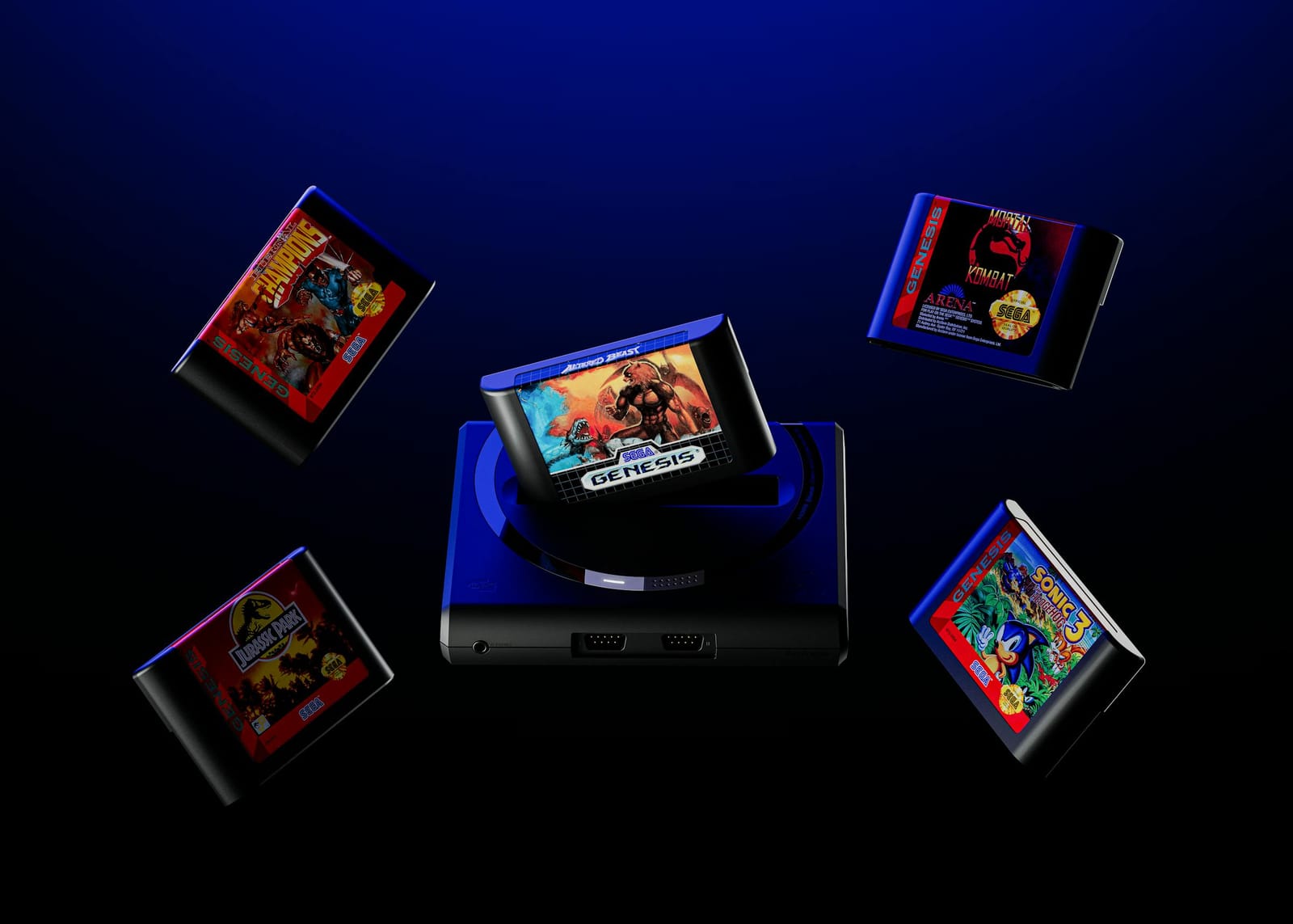 The Mega Sg+ with a Genesis cartridge loaded. The console keeps two wired controller ports alongside the new wireless support. Image: Analogue.