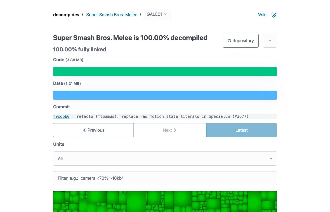 decomp.dev's progress page for Super Smash Bros. Melee, still online after the closure: both the code and data bars are full, and the page reports the game as 100.00% decompiled and 100.00% fully linked. Screenshot by Cart & Pixel, 17 October 2026.
