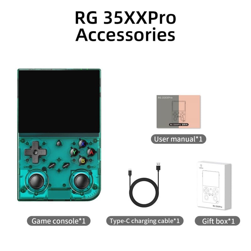 Anbernic's own listing for the RG 35XXPro shows what comes in the box: the console, a manual, a USB-C cable and the gift box. Extra memory cards are sold as separate options on the same page. Image: Anbernic.
