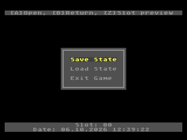 The EverDrive-64 PRO's in-game menu, from Krikzz's manual: three options, with the selected slot and its timestamp along the bottom.