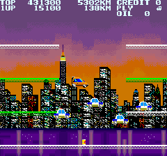 City Connection in the arcade. Clarice's car paints the elevated roads it drives over, with police cars and flag-waving cats in the way. Screenshot via libretro-thumbnails.
