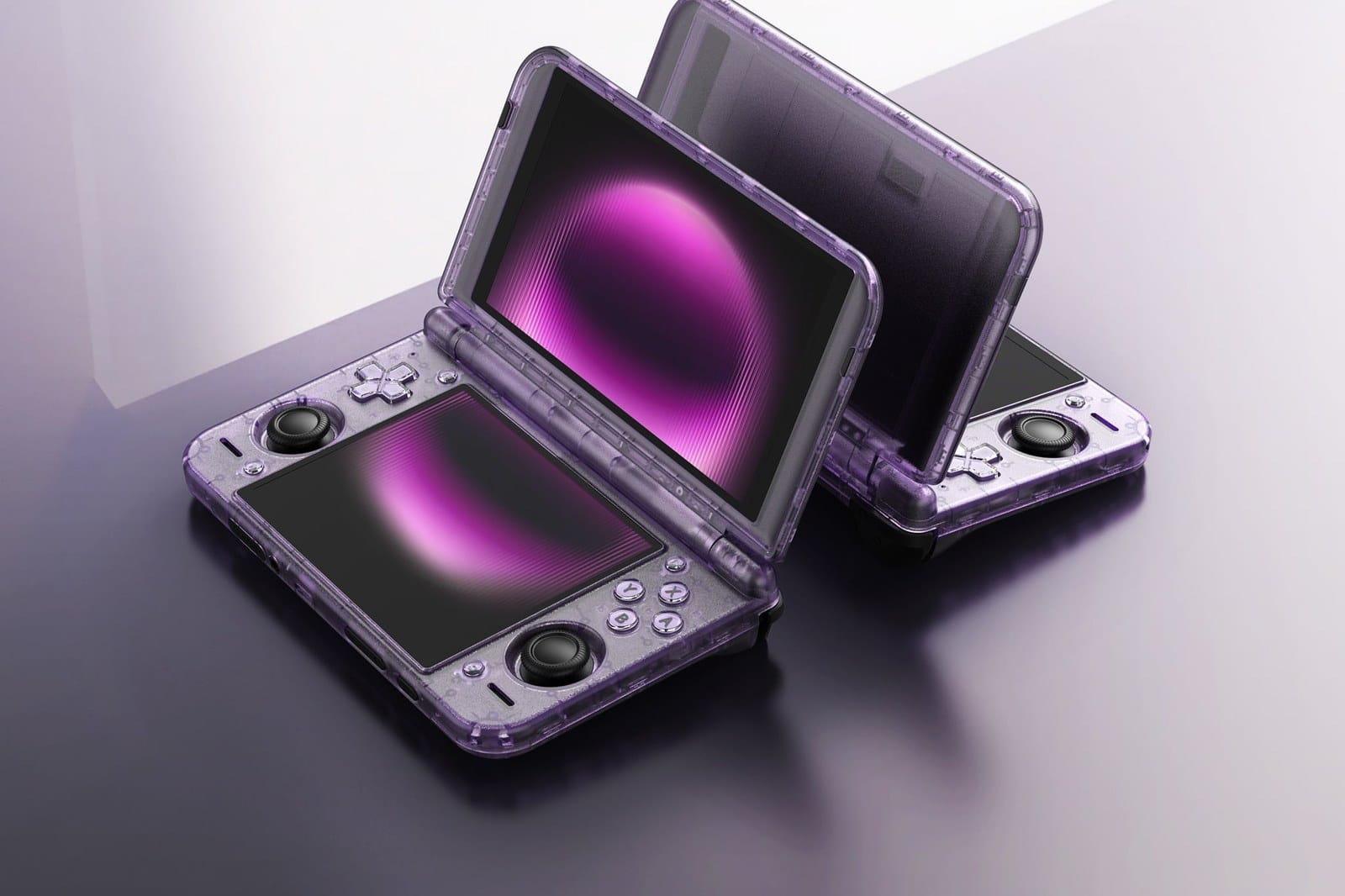 The Retroid Pocket Duo, whose two screens reuse the panel types of the Pocket 6 and the Pocket Nova. Image: Retroid.