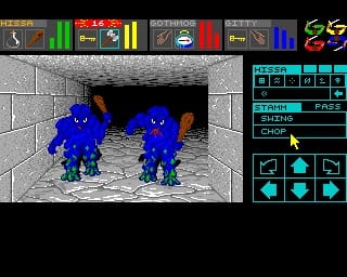 Dungeon Master on the Amiga, one of the two versions ScummVM now runs: the party's four champions across the top, the attack menu and movement arrows on the right. Screenshot via libretro-thumbnails.