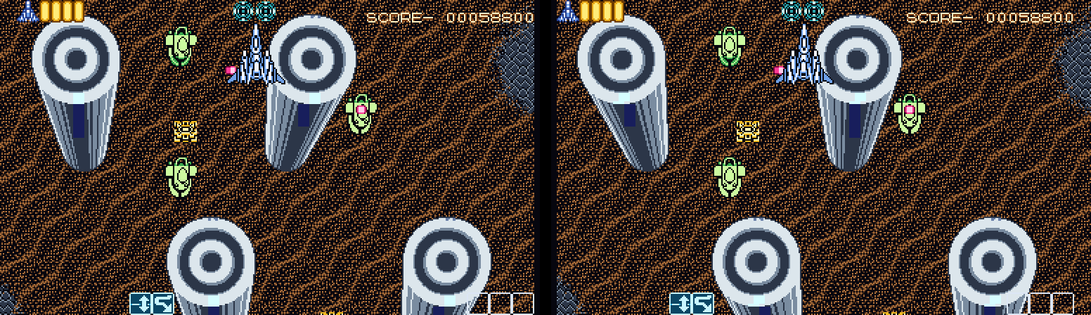 Vertical Force in VBoy Color's side-by-side 3D output, the left eye's picture next to the right eye's, for a 3D TV or parallel viewing. Image: VBoy Color project.