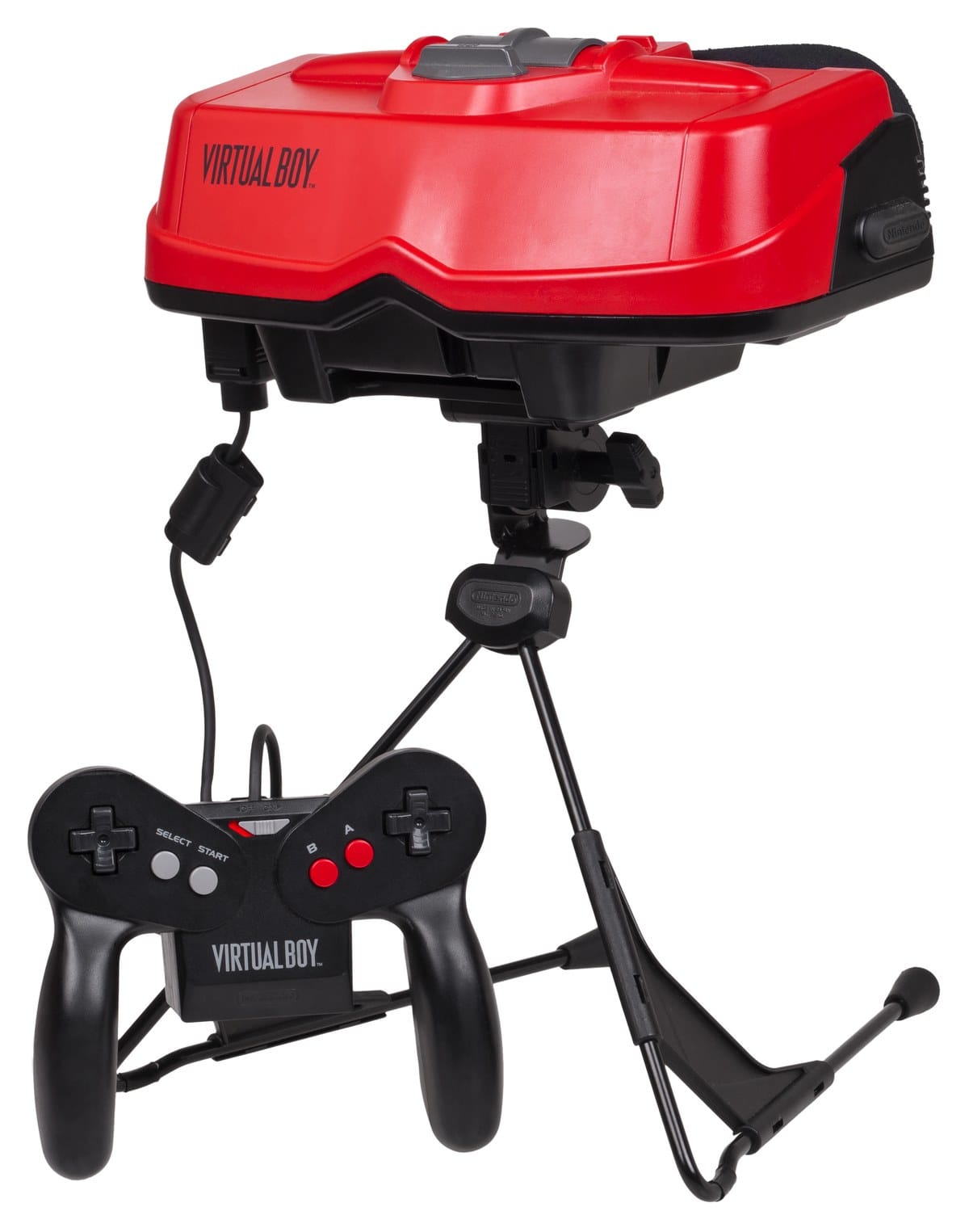 The Virtual Boy on its stand, with the controller the core can now use directly through a SNAC adapter. Photo: Evan-Amos, public domain.