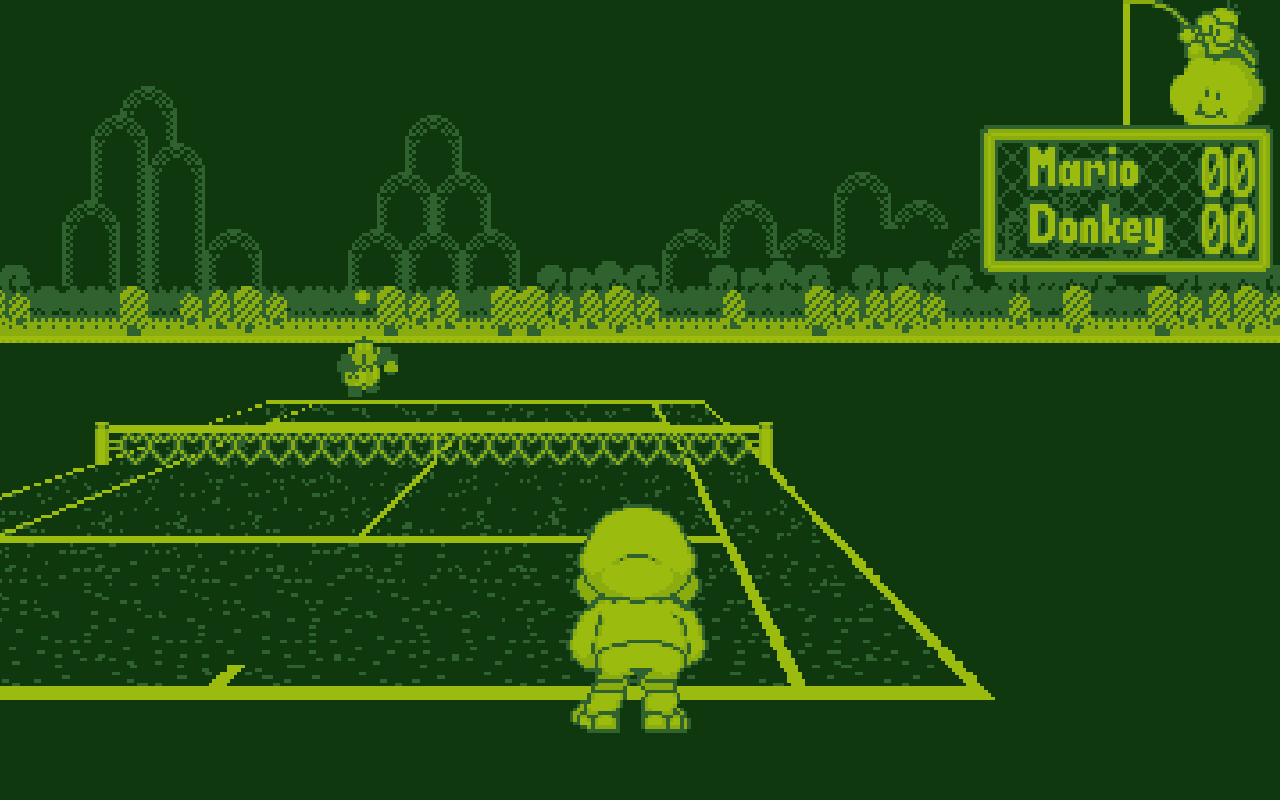 Illustration, not a capture from the core: the cover's Mario's Tennis frame with its four shades of red swapped for the original Game Boy's four greens.