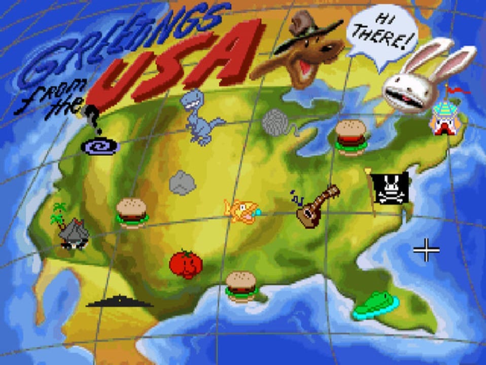 The travel map, and the whole game in one screen: pick an absurd roadside attraction, drive to it, make it worse.