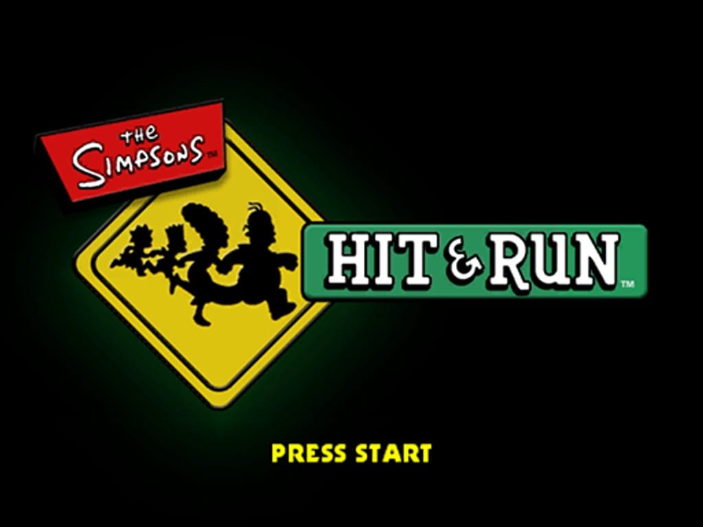 The title screen, with the family fleeing across a hit and run warning sign. The police chase in the title is a real mechanic, not just a joke.