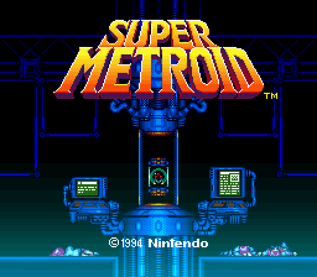 The 1994 title screen: Mother Brain in her jar.